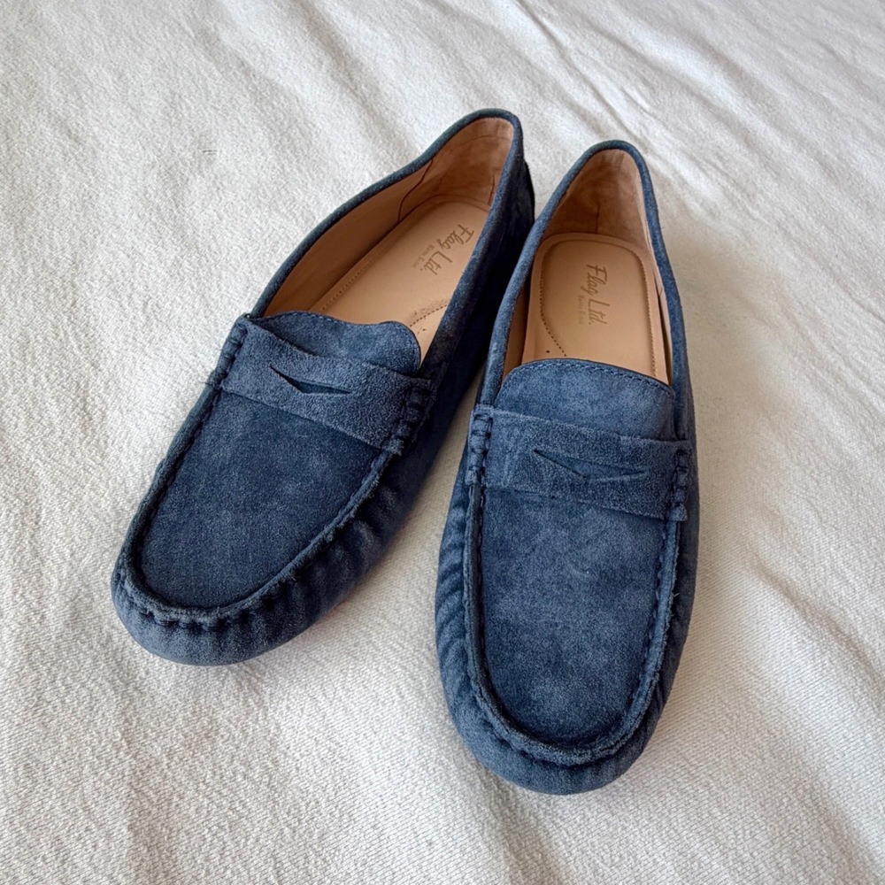 Flag Ltd. Navy Blue Suede Penny Loafers Driving Mocs 8.5M Made in Brazil